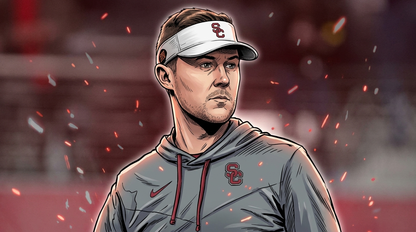 Comic-style illustration of USC head coach Lincoln Riley on the sideline in a gray hoodie with cardinal accents, ember-like particles drifting across a blurred stadium background.