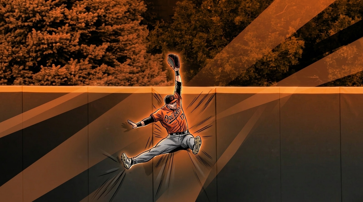 Comic-style illustration of Colton Cowser making a leaping catch at the outfield wall in an Orioles uniform