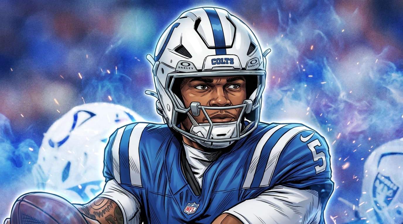 Comic-book style illustration of Anthony Richardson in a royal blue Indianapolis Colts jersey and white helmet against a blue smoke-and-sparks particle-effect background with the Colts horseshoe logo