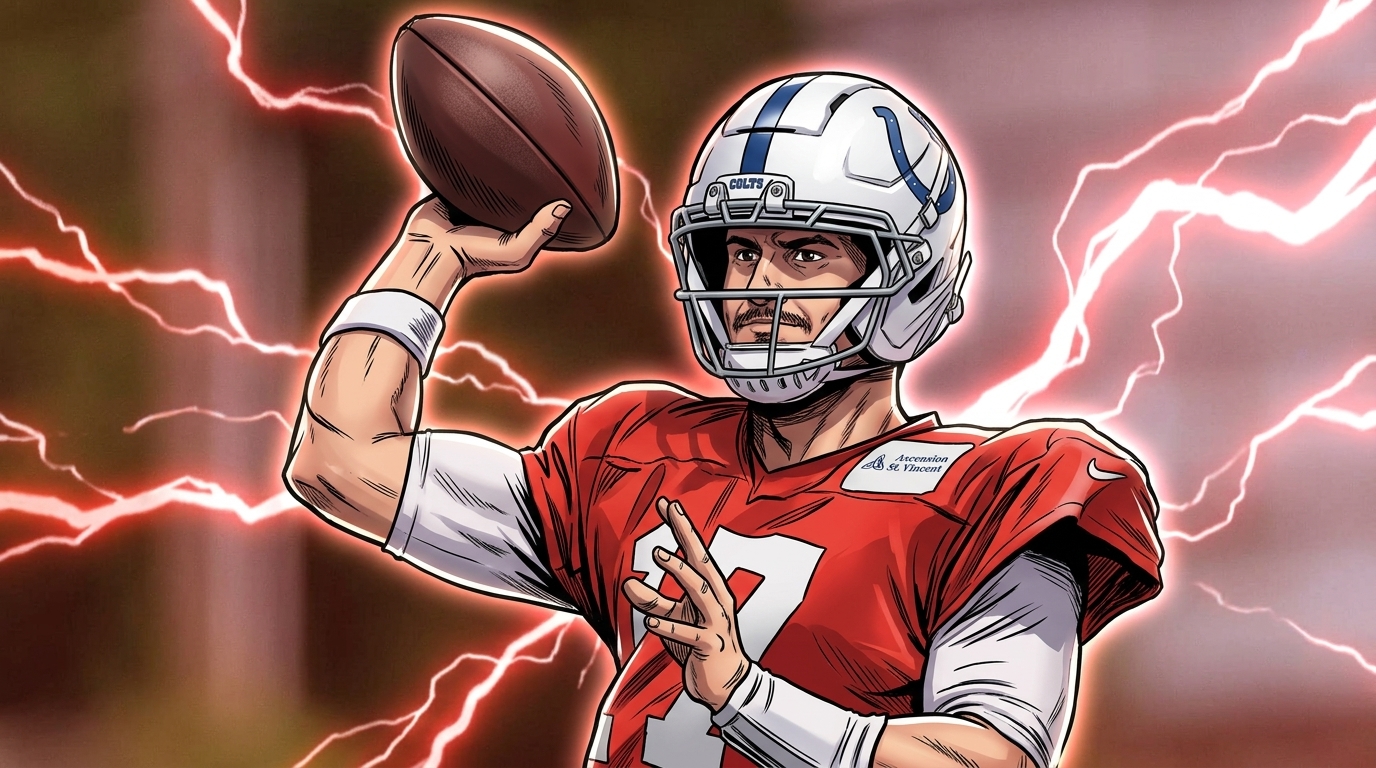 Indianapolis Colts quarterback Daniel Jones in team uniform, comic-style illustration with electric energy effect