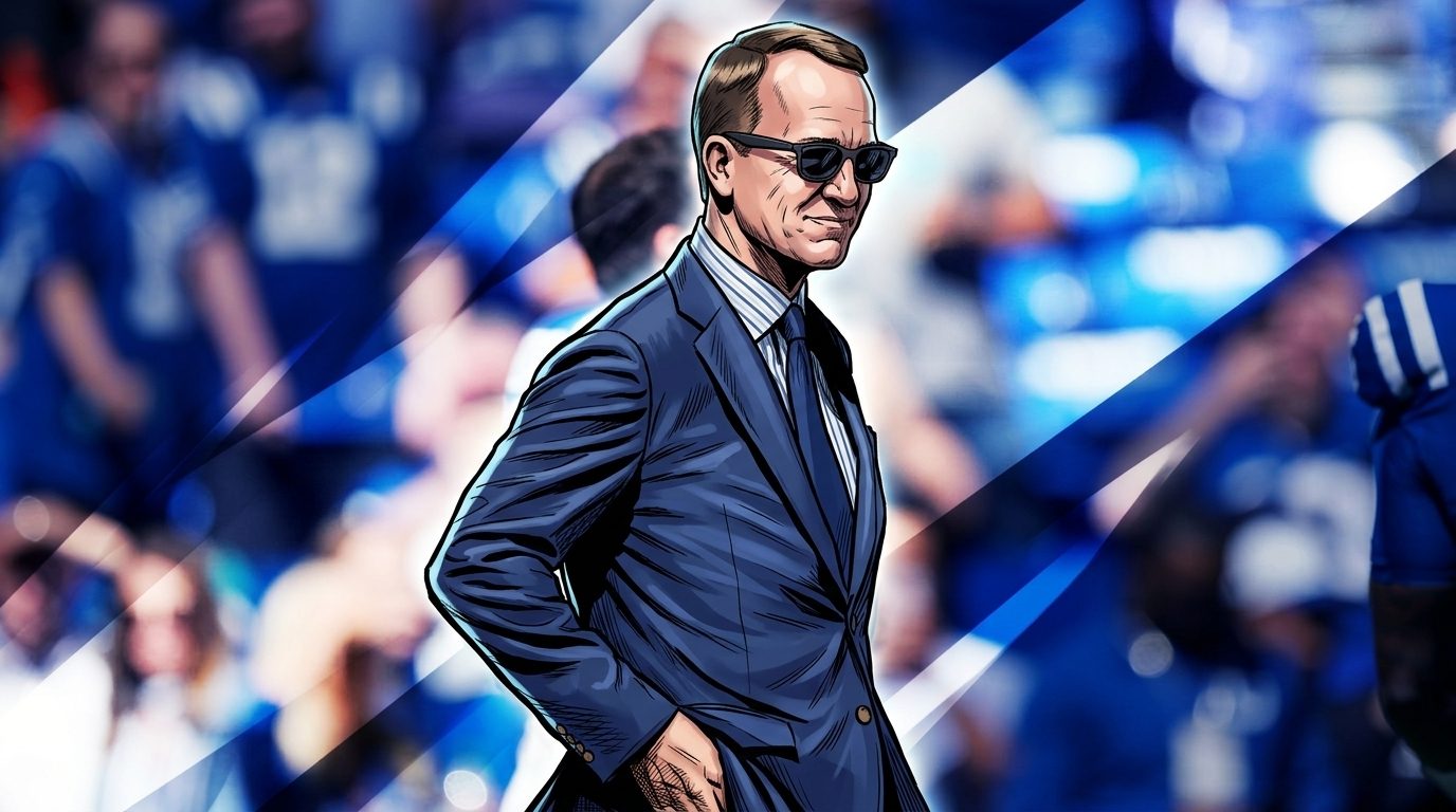 Comic-style illustration of Peyton Manning in a navy suit and sunglasses standing on the sideline, with the Colts' blue-and-white stadium crowd blurred behind him and geometric light streaks across the frame.