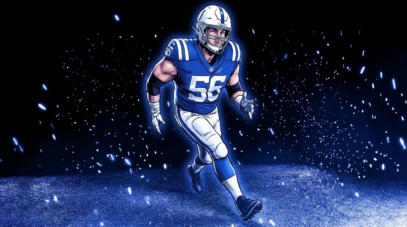 Comic-style illustration of Quenton Nelson in his Indianapolis Colts royal blue jersey, number 56, running toward the camera with a blue particle-field effect and glowing rim light against a dark studio background