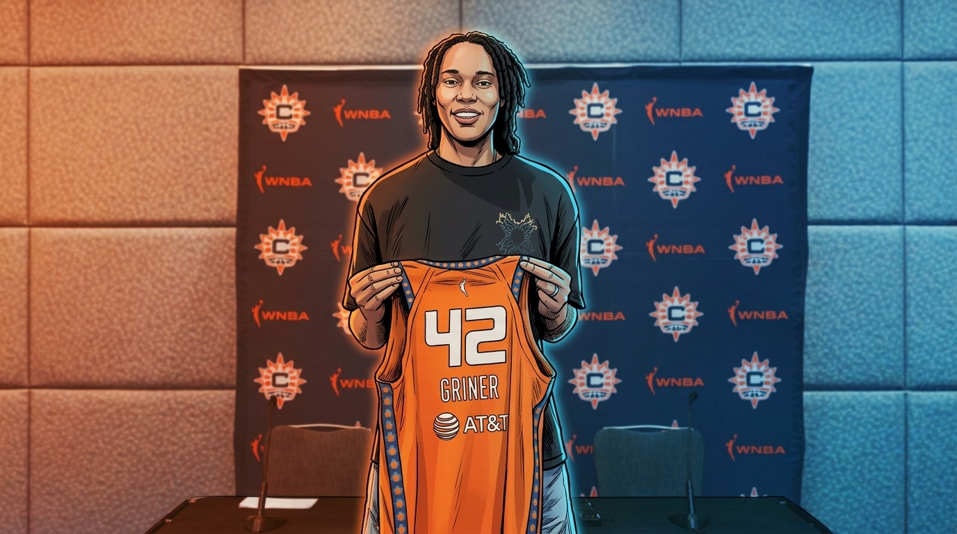 Comic-style illustration of Brittney Griner at her Connecticut Sun introductory press conference, holding up her orange #42 jersey in front of a WNBA/Sun step-and-repeat backdrop, with a neon rim-glow effect