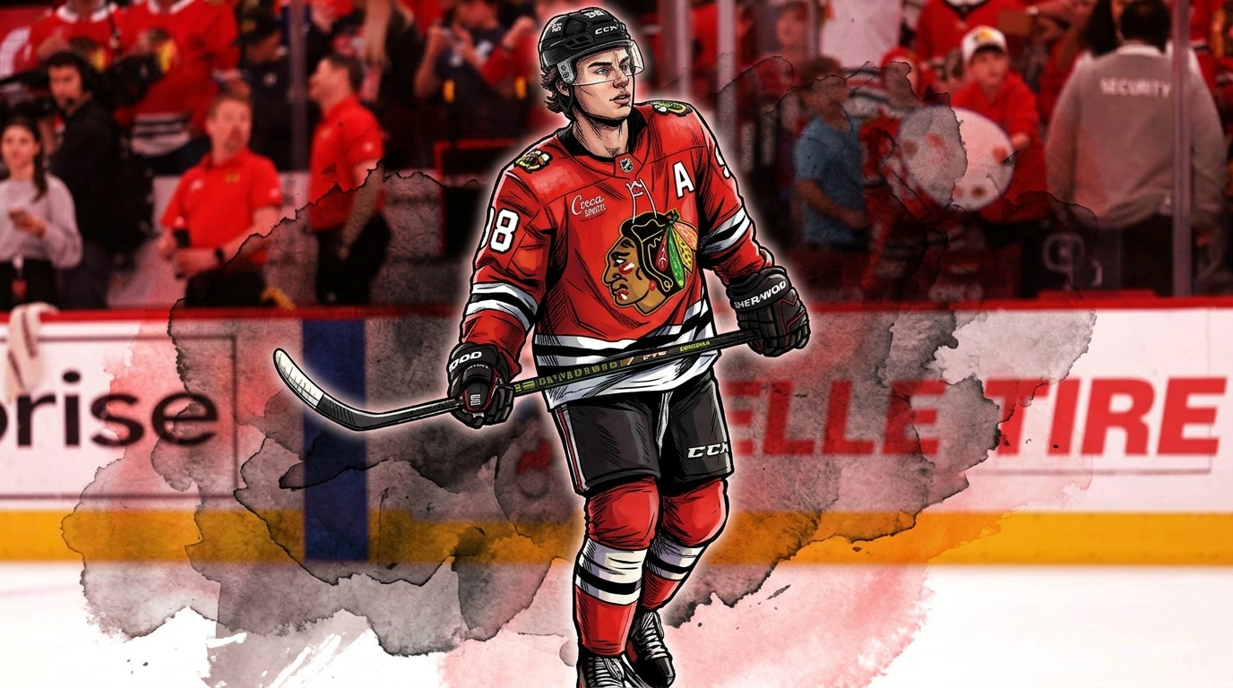 Comic-book illustration of Chicago Blackhawks forward Connor Bedard in a red home jersey with a white 'A' alternate captain patch, walking with his stick past the rink boards, black-and-red ink-wash watercolor bleed effect over a blurred real arena crowd background.