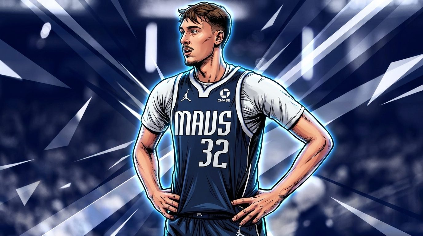 Comic-style illustration of Dallas Mavericks forward Cooper Flagg standing with hands on hips in his navy #32 jersey, blue geometric light-streak effect radiating behind him