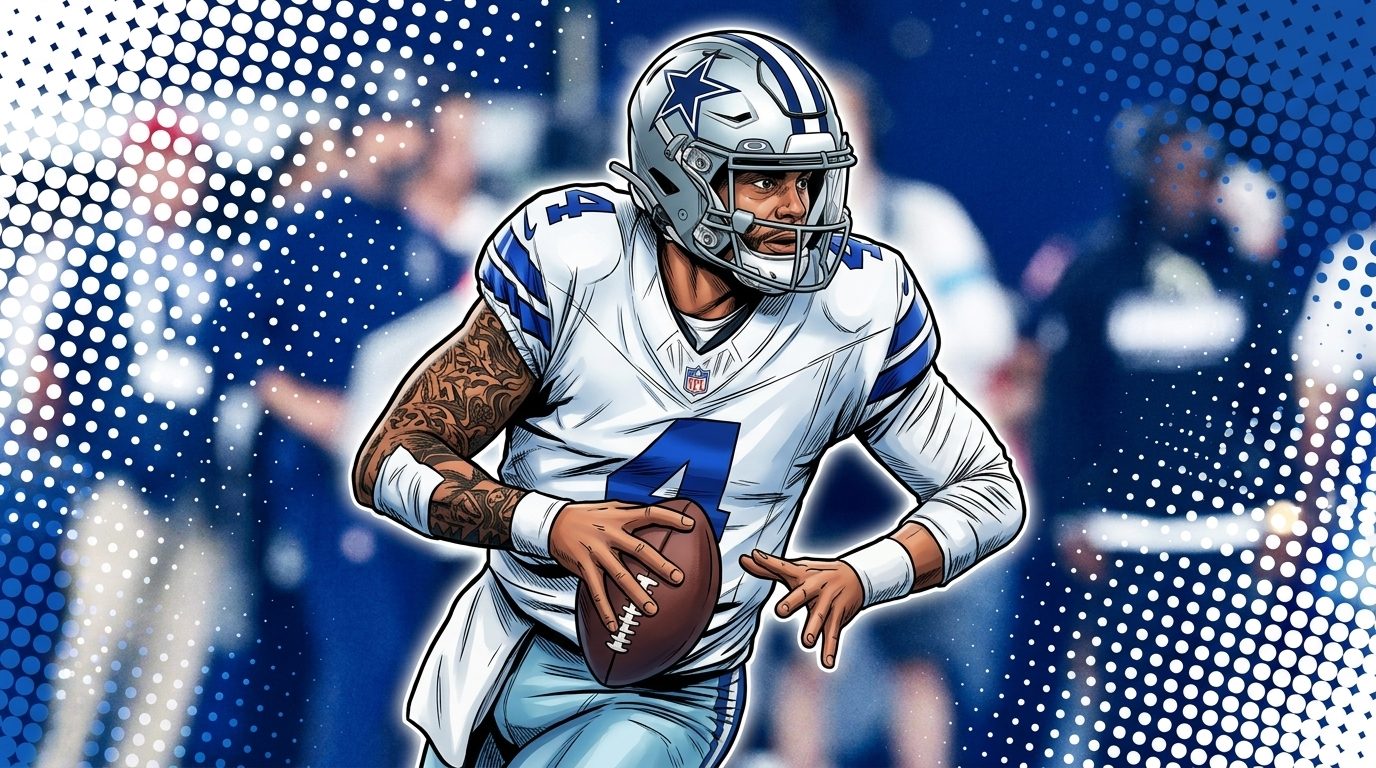 Comic-style illustration of Dak Prescott in white Dallas Cowboys jersey #4 rolling out with the ball, classic halftone Ben-Day dot wash in blue and white over a blurred sideline background — editorial image for Cowboys loss to Buccaneers coverage.