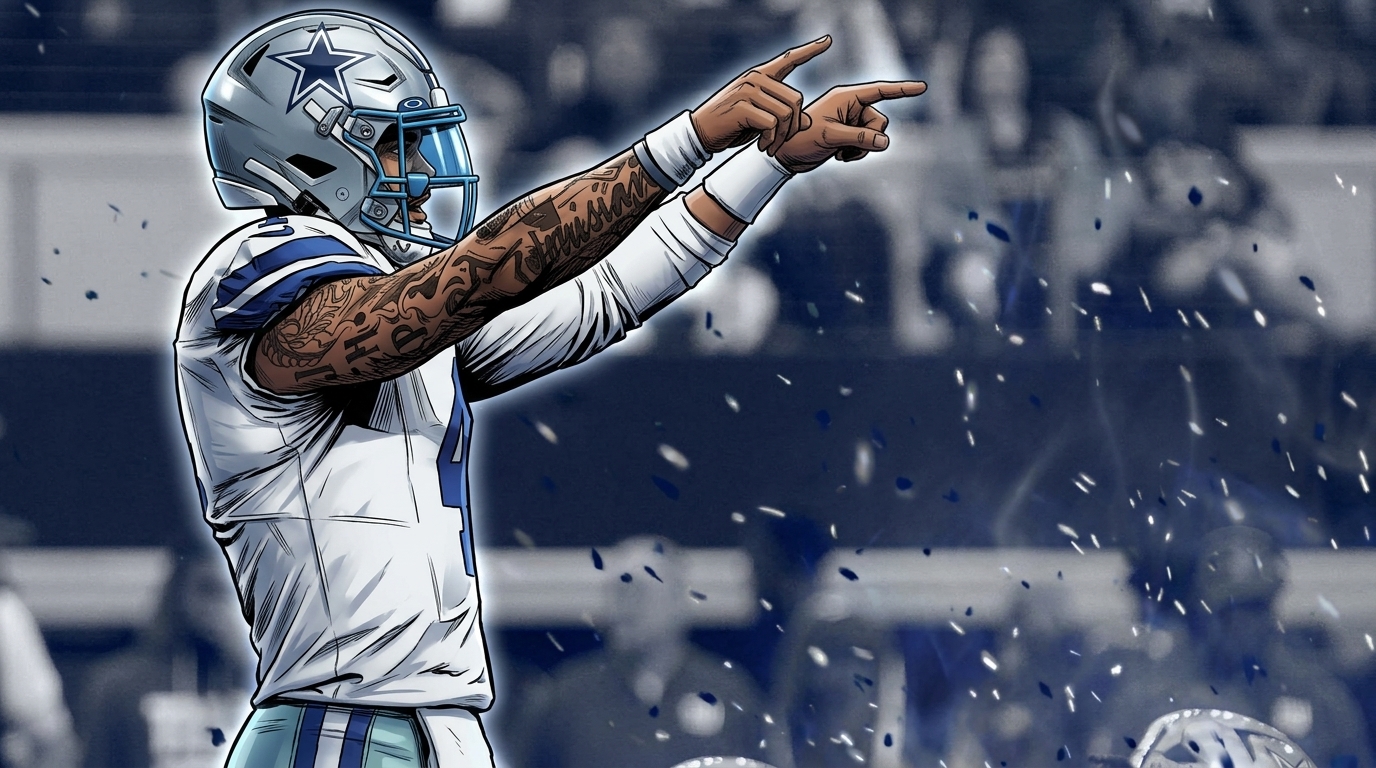 Comic-style illustration of Dallas Cowboys quarterback Dak Prescott in a white No. 4 jersey with silver helmet, pointing downfield, particle field and floating embers effect over a blurred stadium background.