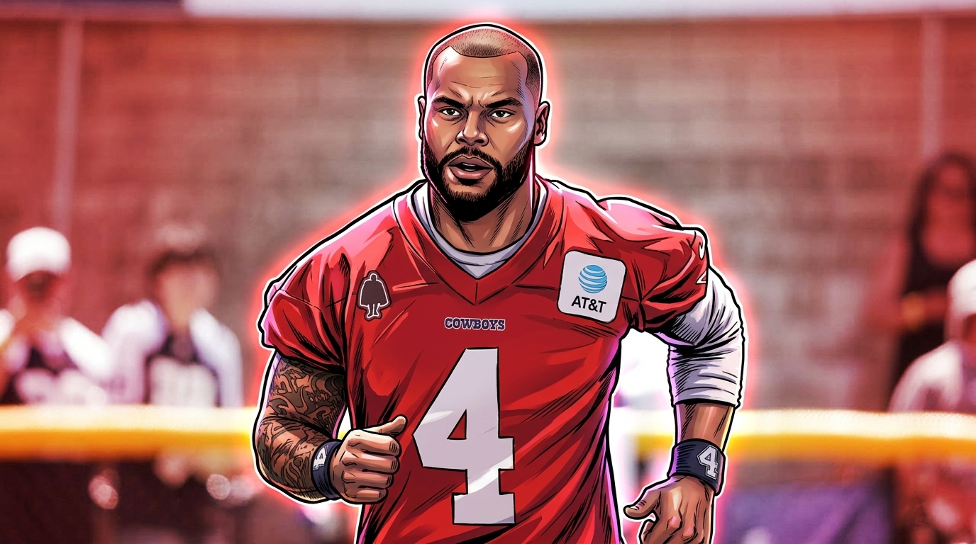 Comic-style illustration of Dak Prescott in a red Cowboys practice jersey with a neon rim-glow effect against a blurred training-camp background