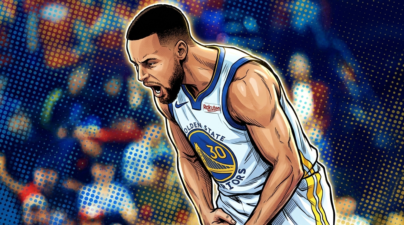 Comic halftone-style illustration of Stephen Curry shouting in his Golden State Warriors jersey, blue and gold Ben-Day dot pattern washing the arena crowd background -- Swipe Sports