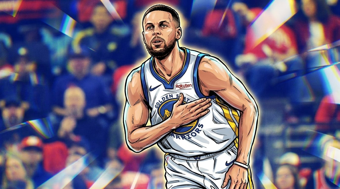 Comic-style illustration of Stephen Curry in a white Golden State Warriors home jersey with hand on chest, chromatic-dispersion light shards and red-blue color wash radiating through the blurred arena crowd background