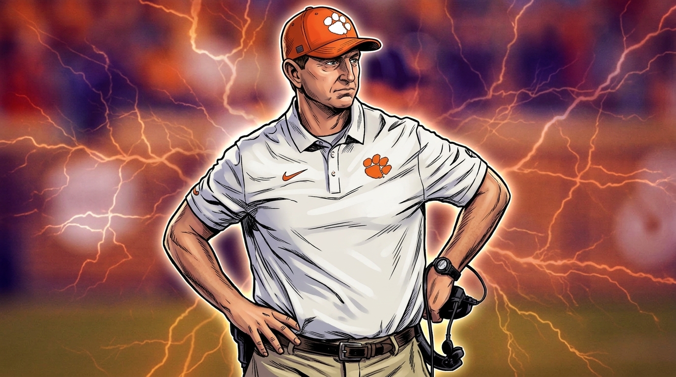 Comic-style illustration of Dabo Swinney standing on the sideline with hands on hips in a white Clemson polo and orange cap, electric energy lightning effect, blurred stadium background