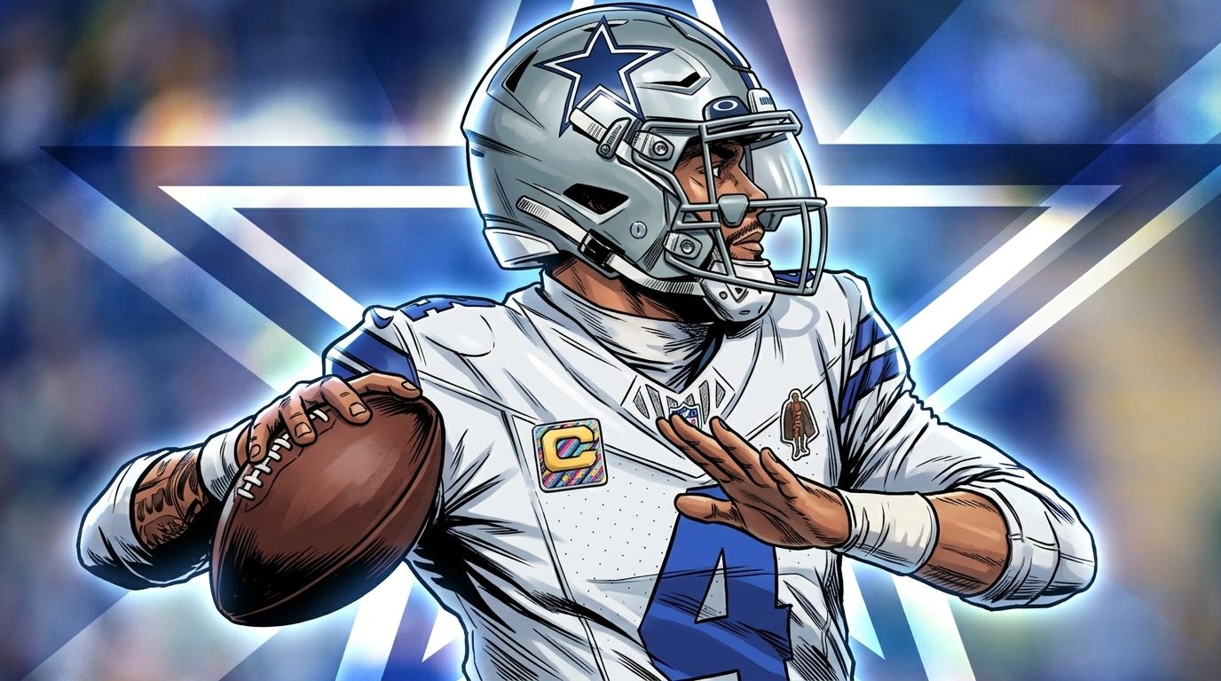 Comic-style illustration of Dak Prescott mid-throw in a Cowboys jersey with a blue geometric light-streak effect