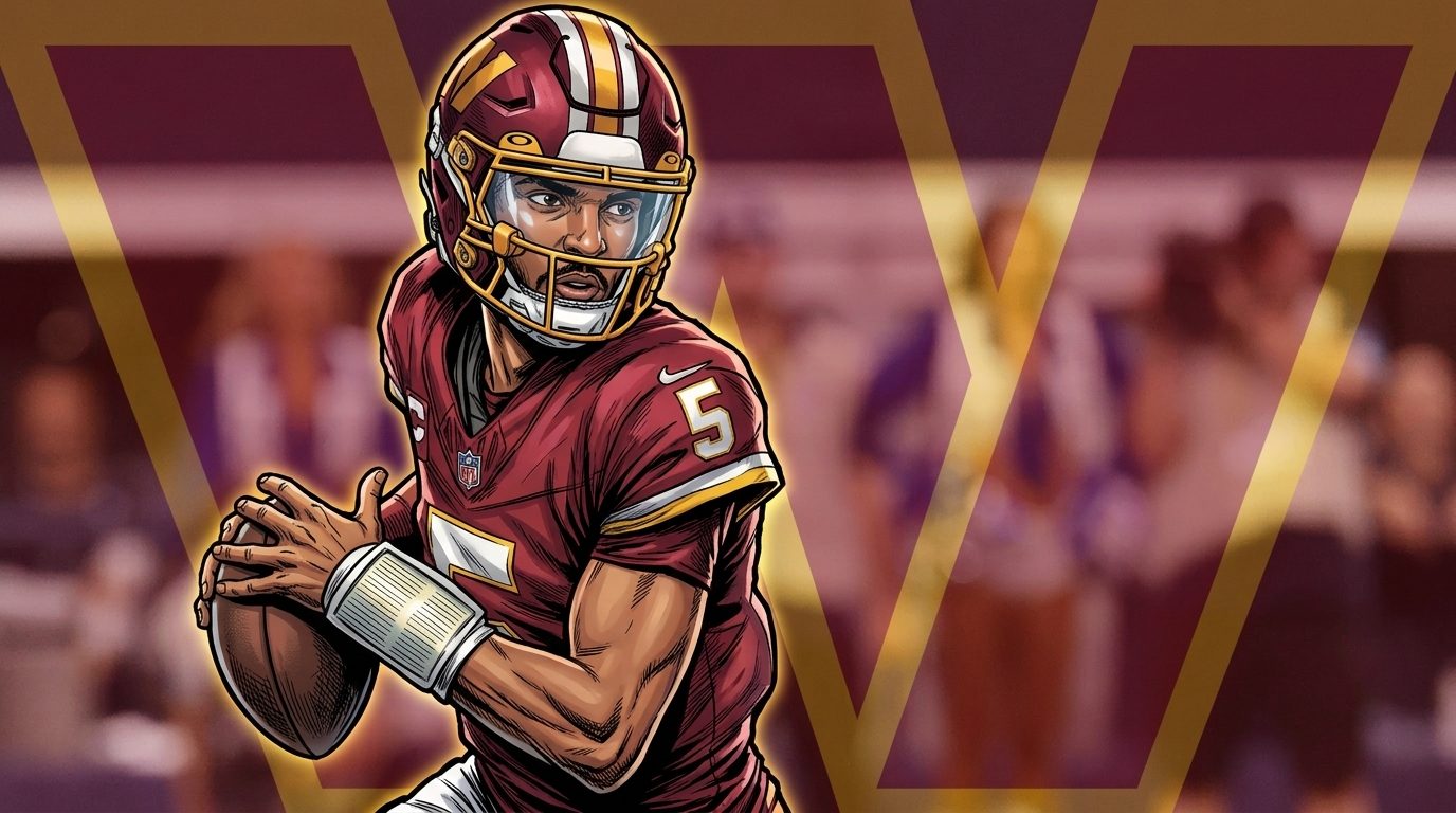 Comic-style illustration of Jayden Daniels of the Washington Commanders in a burgundy jersey mid-dropback, gold geometric light-streak effects over a stadium sideline background