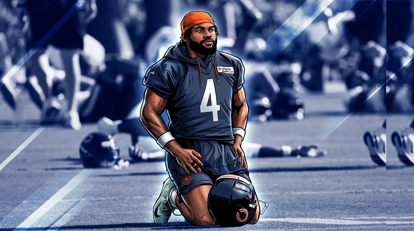 D'Andre Swift in comic style kneeling at Bears practice in a navy #4 jersey, blue geometric light-streak effect over the training-camp background — Swipe Sports