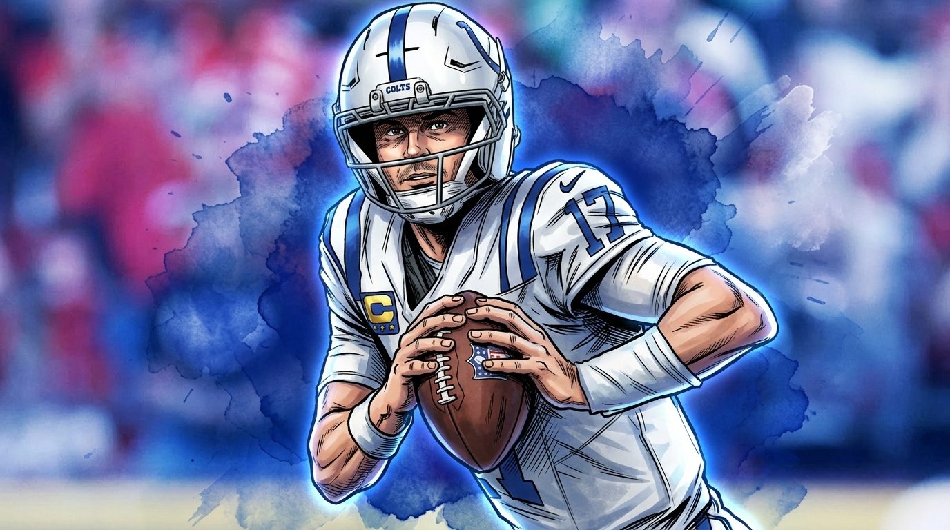 Daniel Jones drops back to pass in a Colts jersey, comic-style illustration with a blue watercolor wash, Swipe Sports