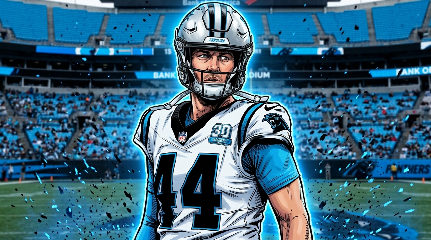 JJ Jansen, in comic-style illustration, wears his helmet in a Carolina Panthers jersey with the stadium crowd blurred behind him