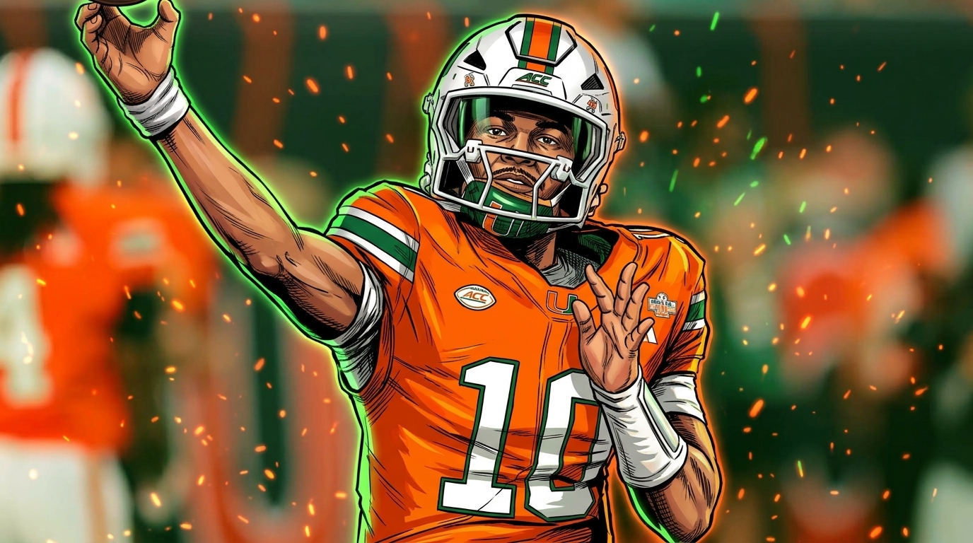 Comic-style illustration of Miami Hurricanes quarterback Darian Mensah in an orange number 10 jersey mid-throw, with green and orange spark effects and a color-washed stadium background.