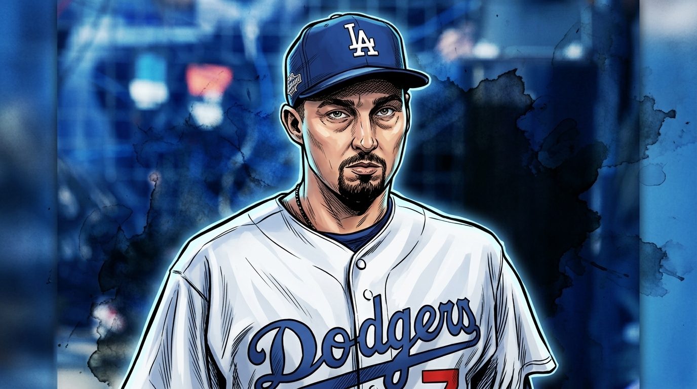 Comic-style illustration of Dodgers pitcher Blake Snell in the dugout