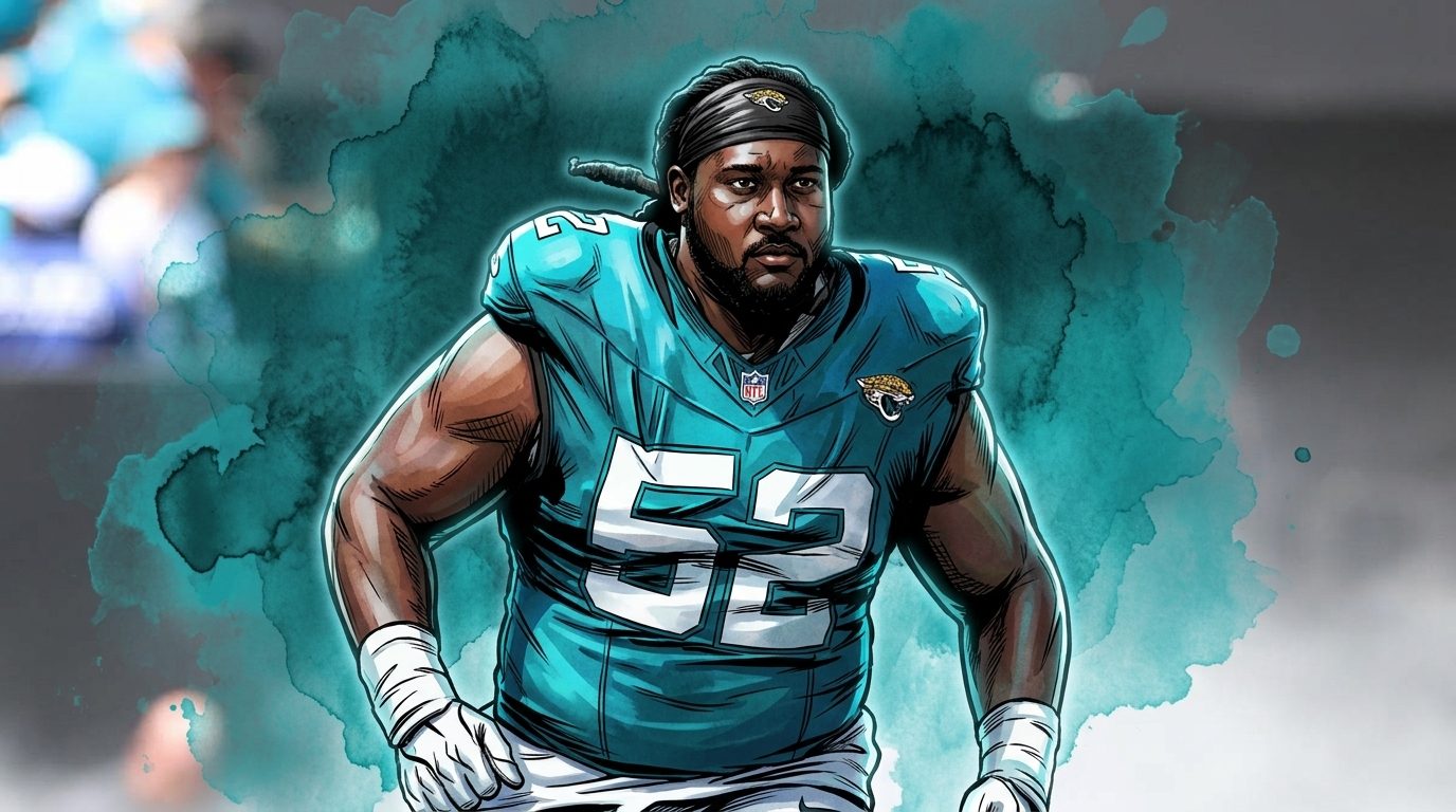 DaVon Hamilton, Jacksonville Jaguars defensive tackle, in a teal #52 jersey, rendered in ink-wash comic style
