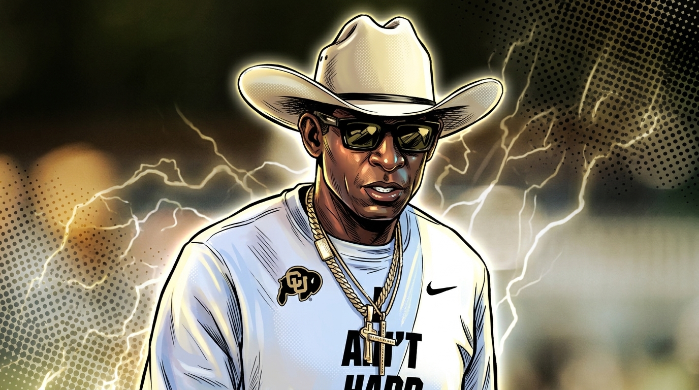 Deion Sanders illustrated in comic style with an electric-energy effect at Colorado practice — Swipe Sports