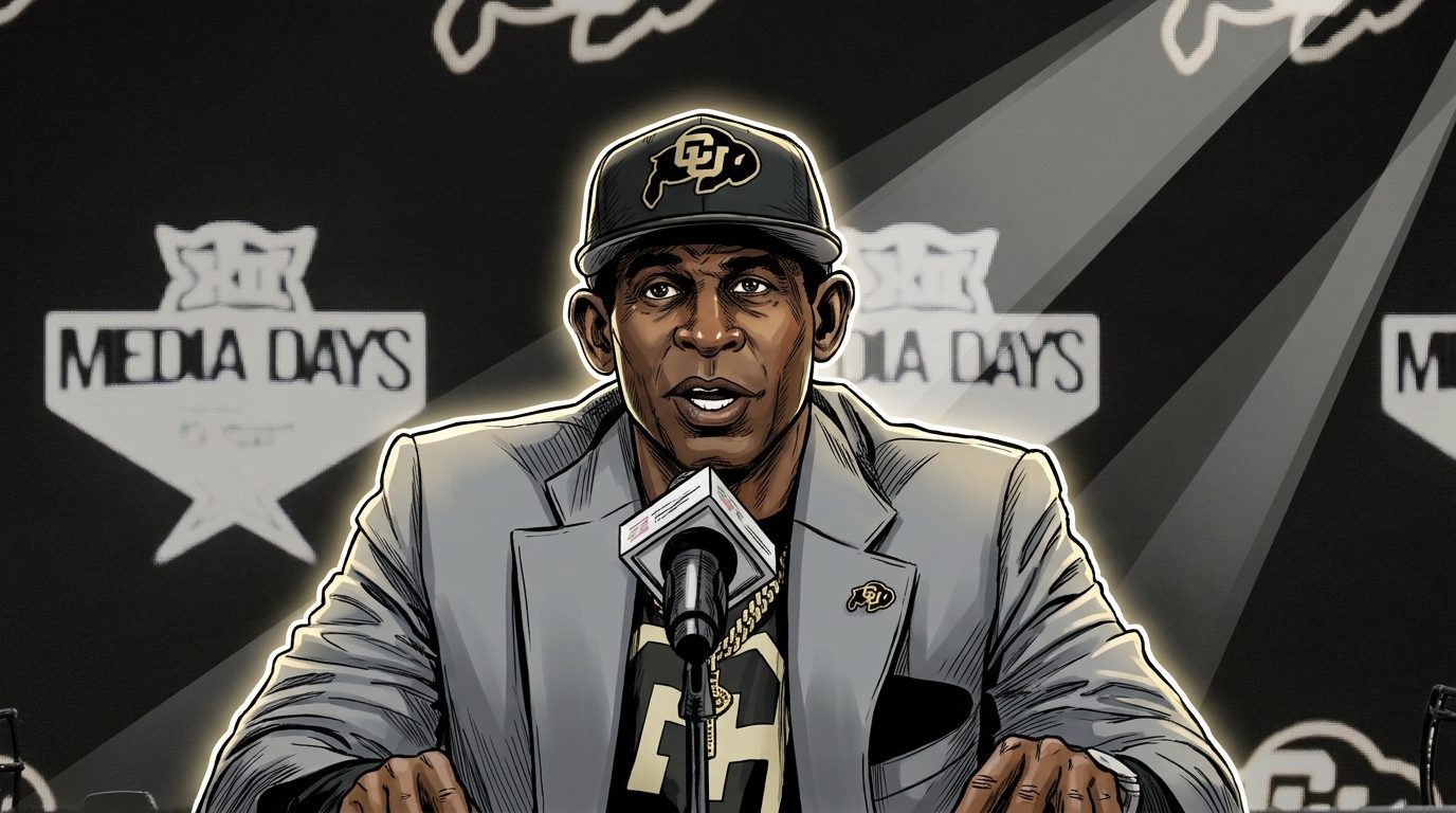 Comic-style illustration of Deion Sanders in a gray suit and black CU cap at a Big 12 Media Days podium, geometric light streaks across the backdrop