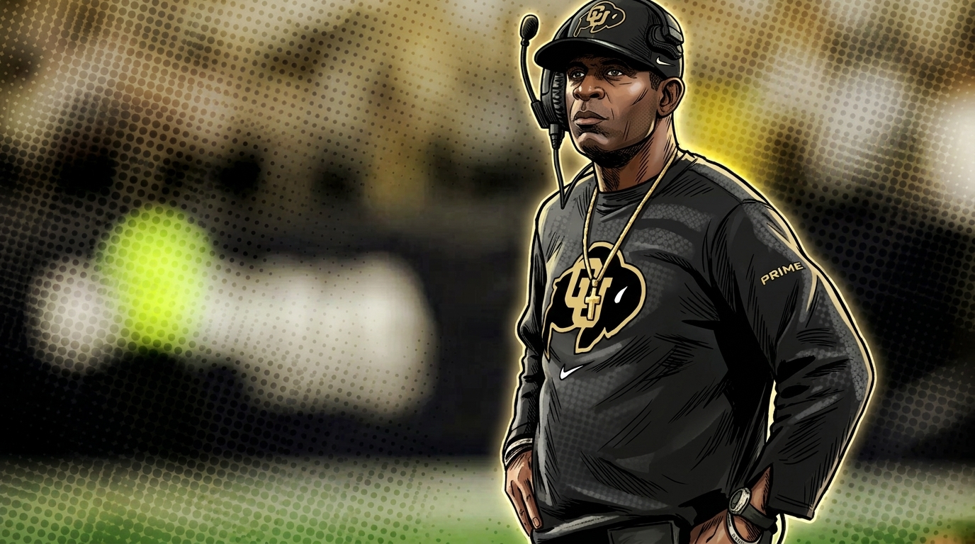 Comic-style illustration of Colorado head coach Deion Sanders on the sideline in Buffaloes gear