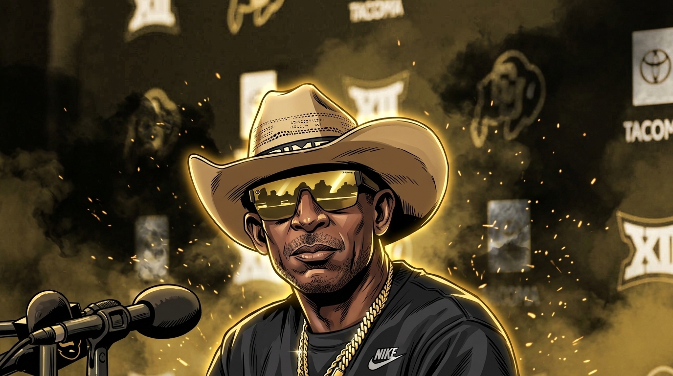 Comic-style illustration of Deion Sanders in a tan 'PRIME' cowboy hat and gold mirrored sunglasses at a Colorado press-conference podium, black-and-gold smoke-and-sparks effect over the branded CU/Big 12 backdrop