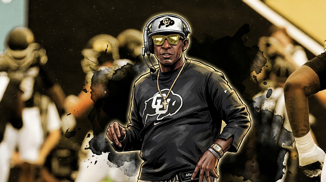 Comic-style illustration of Colorado head coach Deion Sanders on the Folsom Field sideline in a black CU Buffaloes sweatshirt and gold sunglasses, black-and-gold ink-wash effect