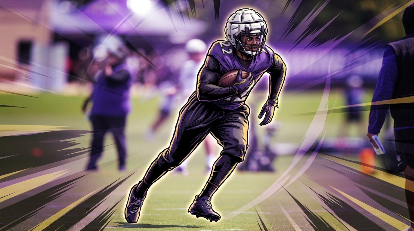 Comic-style illustration of Derrick Henry running with the ball in purple Ravens practice gear and a white protective helmet shell, shockwave streak effect, blurred training camp field background