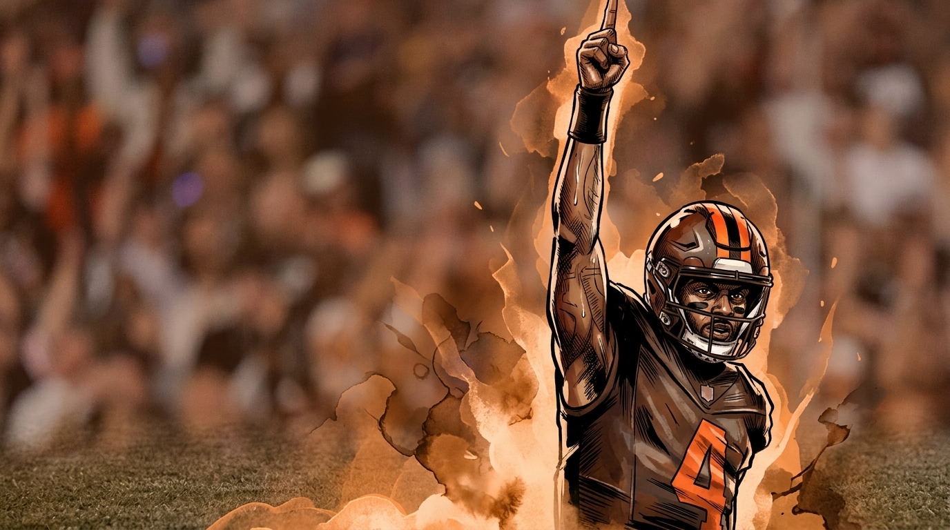 Comic-style illustration of Cleveland Browns quarterback Deshaun Watson in his brown jersey and helmet, pointing skyward, blurred stadium crowd background with warm orange ink-wash and watercolor-bleed effect, Swipe Sports