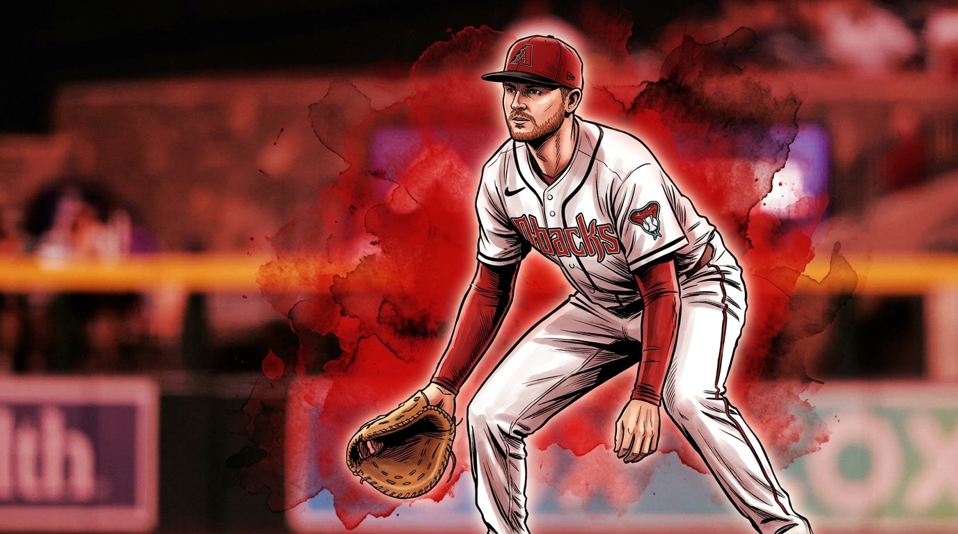 Pavin Smith, in a comic-style illustration with an ink wash / watercolor bleed effect, in a calm fielding-ready stance at first base, wearing a white Arizona Diamondbacks home jersey with red sleeves and a red cap