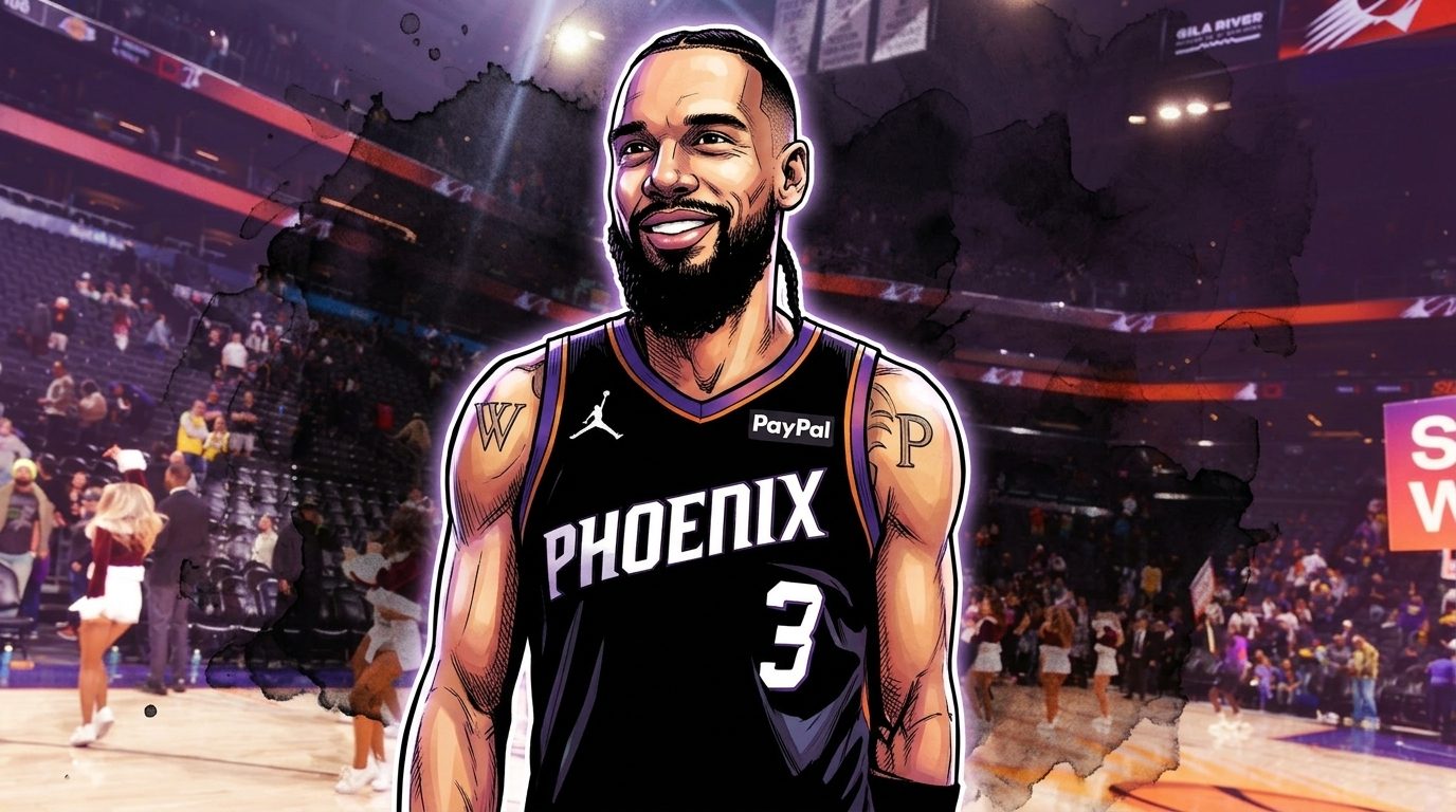 Comic-style illustration of Dillon Brooks in a Phoenix Suns jersey