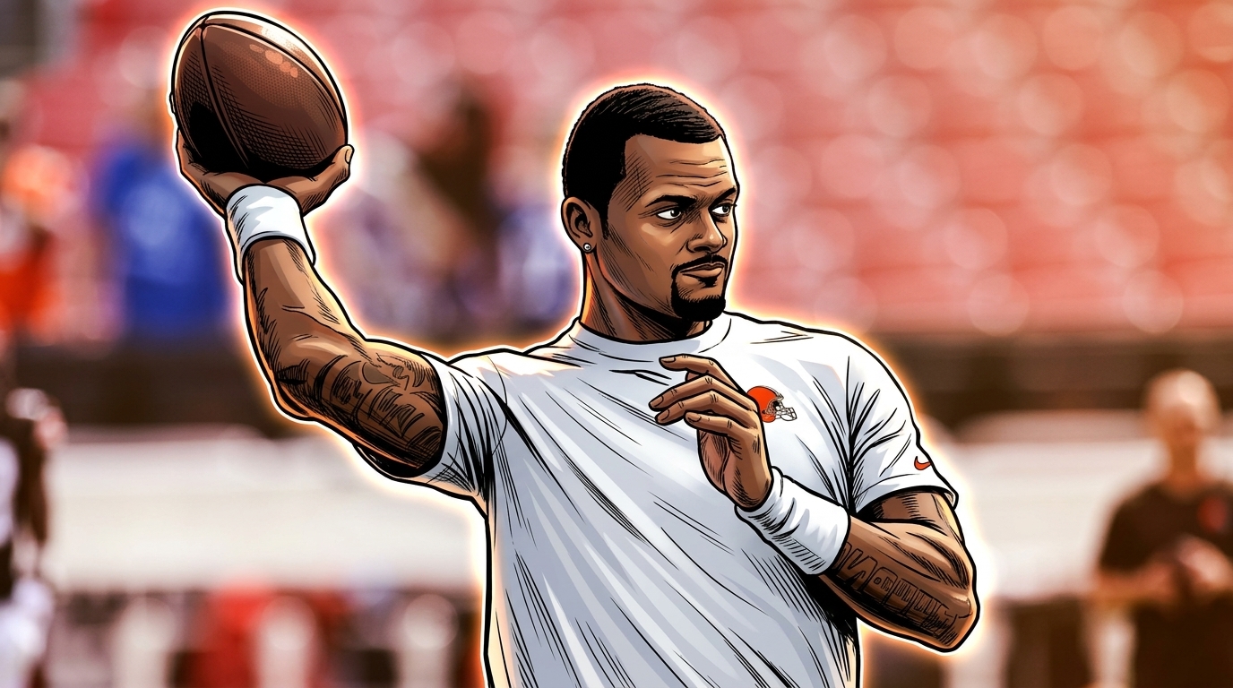 Comic-style illustration of Deshaun Watson warming up pregame in a white Browns jersey, football raised overhead, orange neon rim glow, blurred stadium seating background