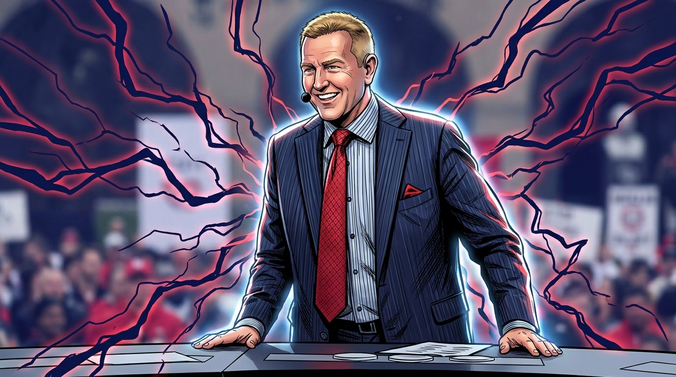 Comic-style illustration of Kirk Herbstreit in a navy pinstripe suit and red tie at the College GameDay desk, electric-energy neon effect over a blurred stadium crowd background -- editorial image for coverage of Disney's lobbying disclosure for the Protect College Sports Act.