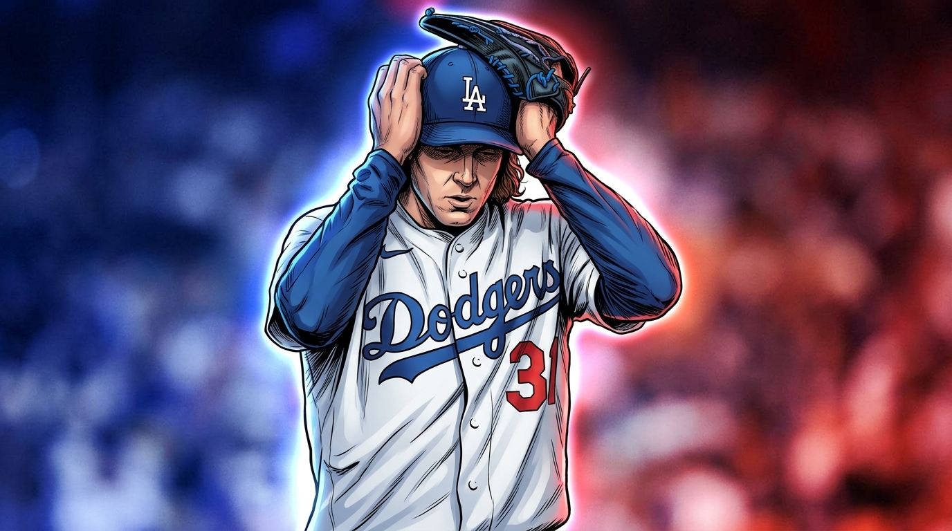 Comic-style illustration of Tyler Glasnow adjusting his Dodgers cap with both hands, white home jersey, blue and red neon rim glow over the blurred Dodger Stadium crowd background