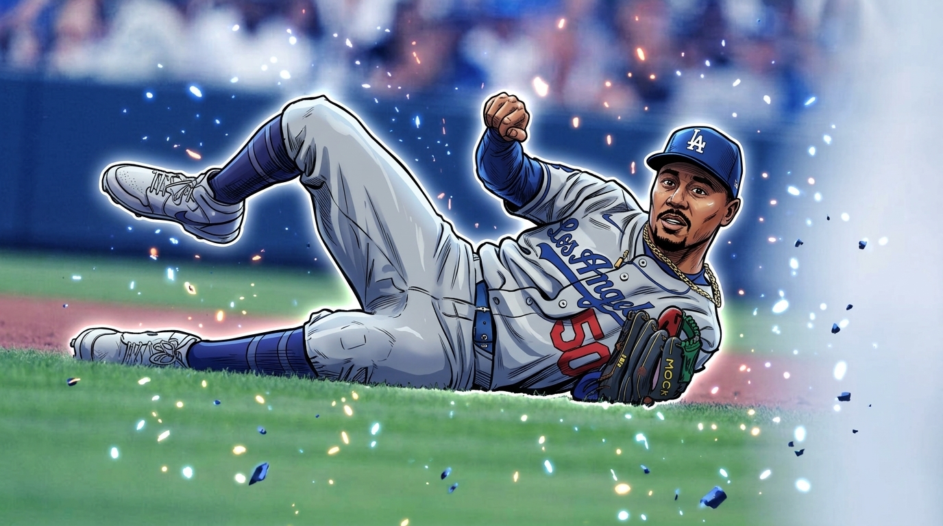 Comic-style illustration of Dodgers infielder Mookie Betts sliding across the infield dirt in a grey road jersey, blue particle effects surrounding him
