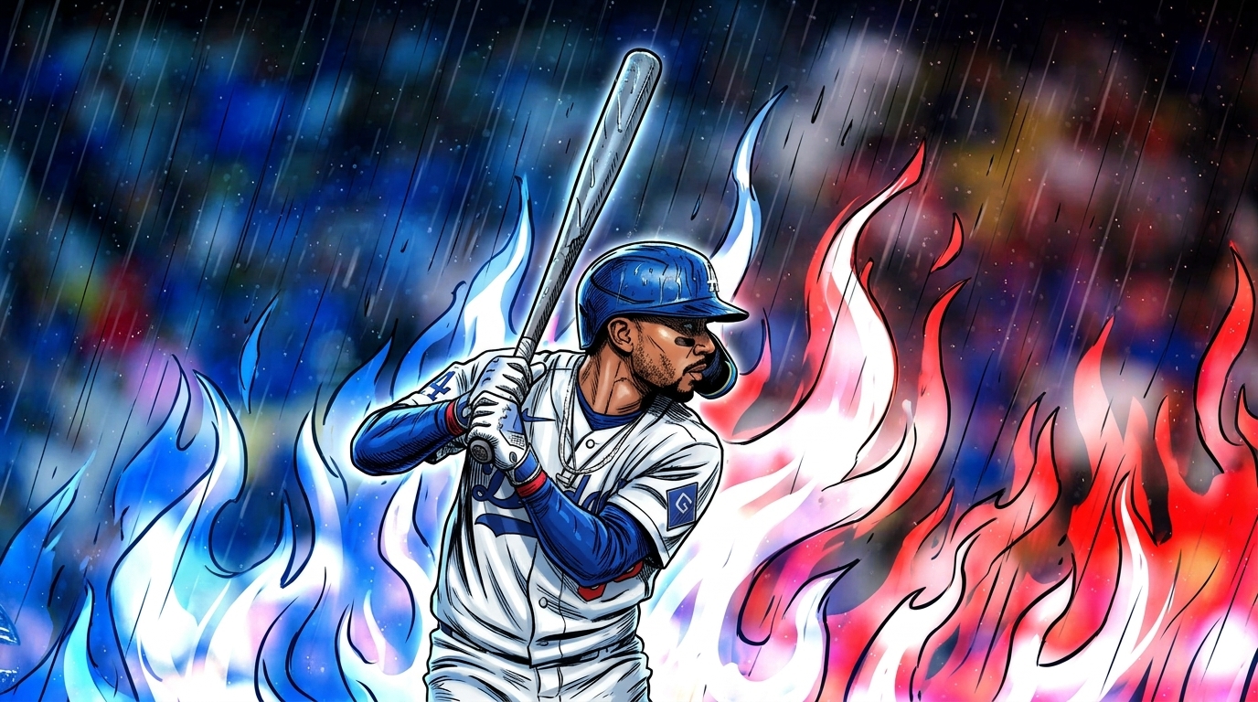 Comic-style illustration of a Los Angeles Dodgers hitter in a white home jersey mid-swing, blue and red flame effects blazing behind him — Swipe Sports