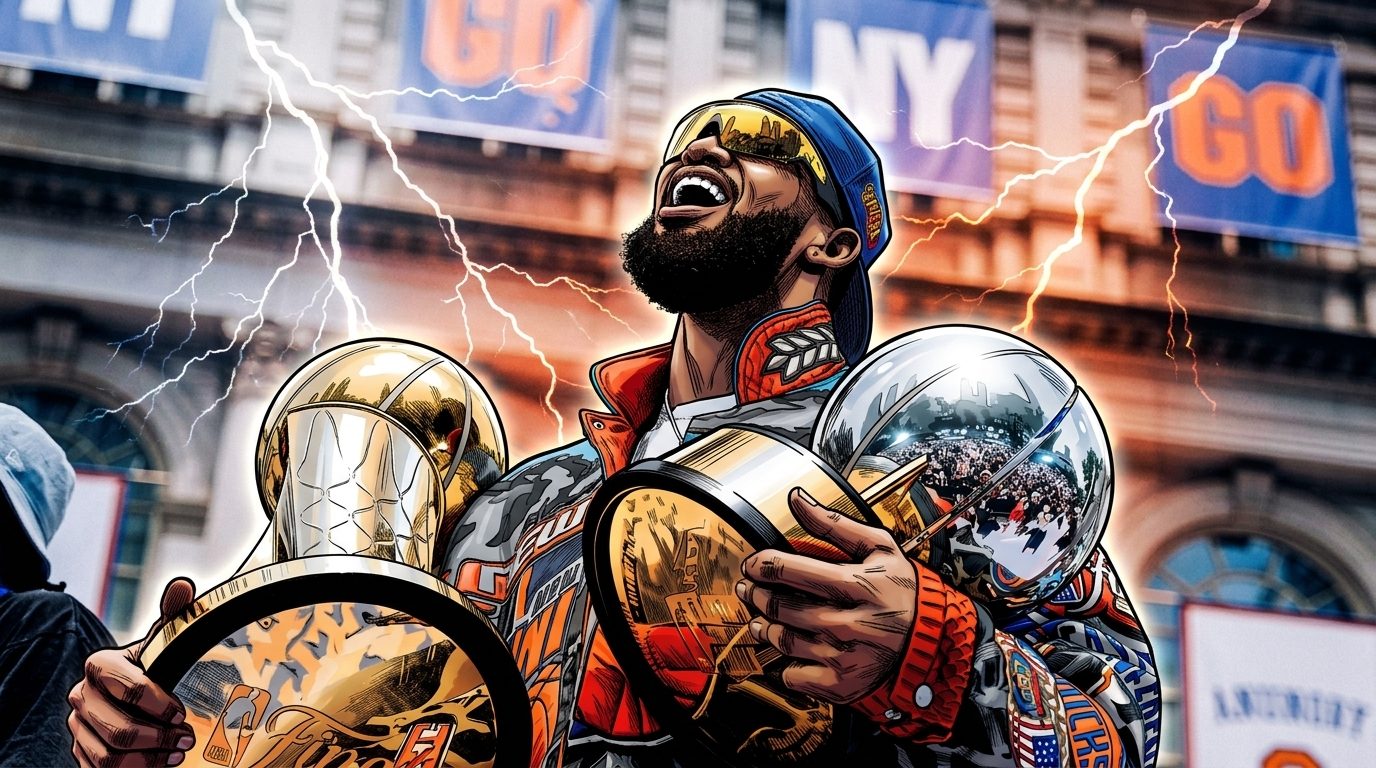 Comic-style illustration of Karl-Anthony Towns of the New York Knicks celebrating with championship trophies under a storm-and-lightning effect at the title parade