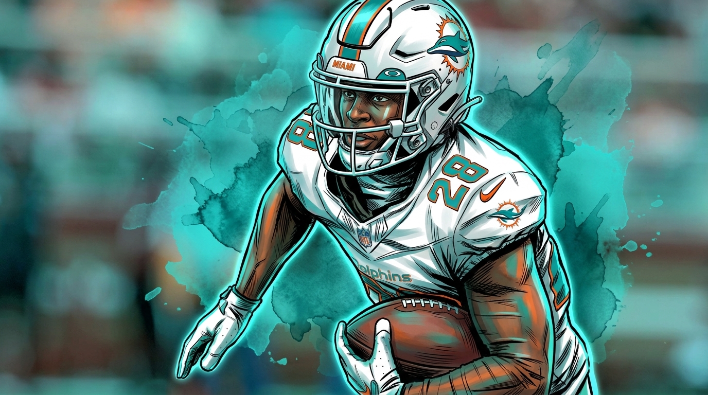 Comic-style illustration of Miami Dolphins running back De'Von Achane carrying the football in his white jersey, teal ink-wash effect over a blurred stadium crowd background.