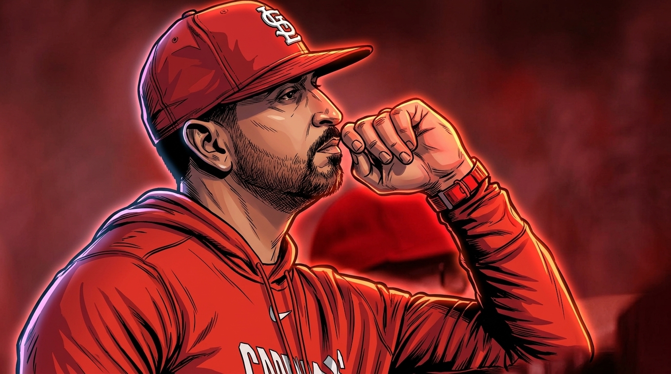 Cardinals manager Oliver Marmol looks on from the dugout, comic-styled in red neon rim glow