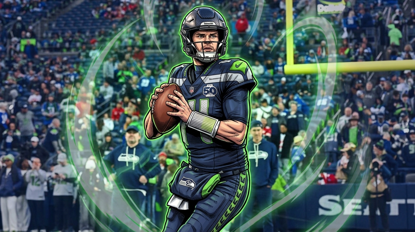 Comic-style illustration of Seattle Seahawks quarterback Sam Darnold in his navy jersey dropping back to pass, neon-green shockwave effect over a Lumen Field crowd background