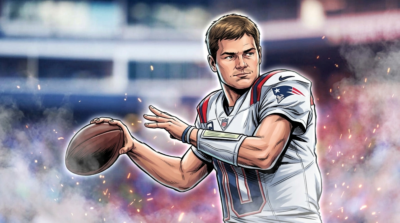 Comic-style illustration of Drake Maye in a white Patriots #10 away jersey, mid throwing motion, smoke and spark effects swirling through a blurred stadium background.