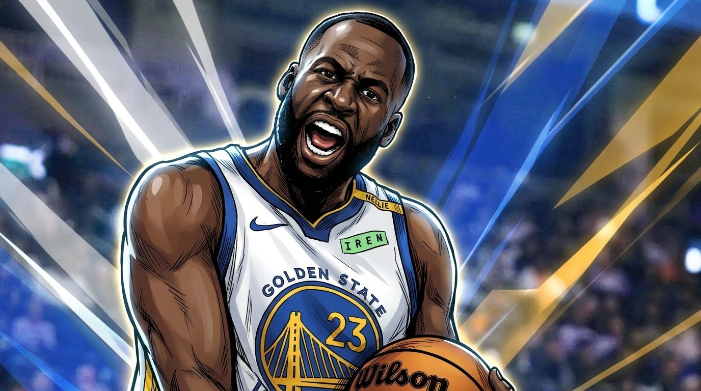 Comic-style illustration of Draymond Green shouting in a white Golden State Warriors jersey, framed by a blue-and-gold geometric light streak effect over a Chase Center arena background — Swipe Sports