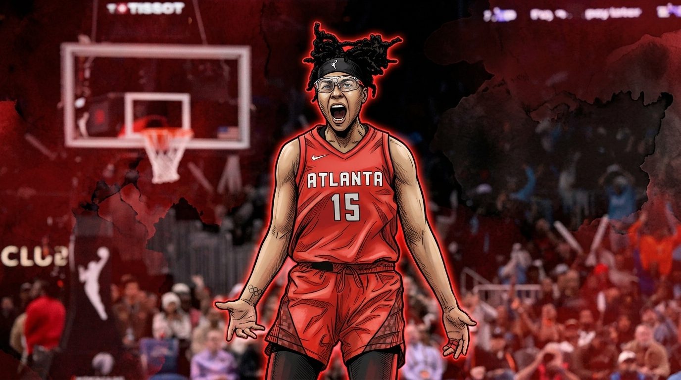Comic-style ink-wash illustration of Allisha Gray yelling in a red Atlanta Dream #15 jersey, arena backboard and scoreboard visible behind her