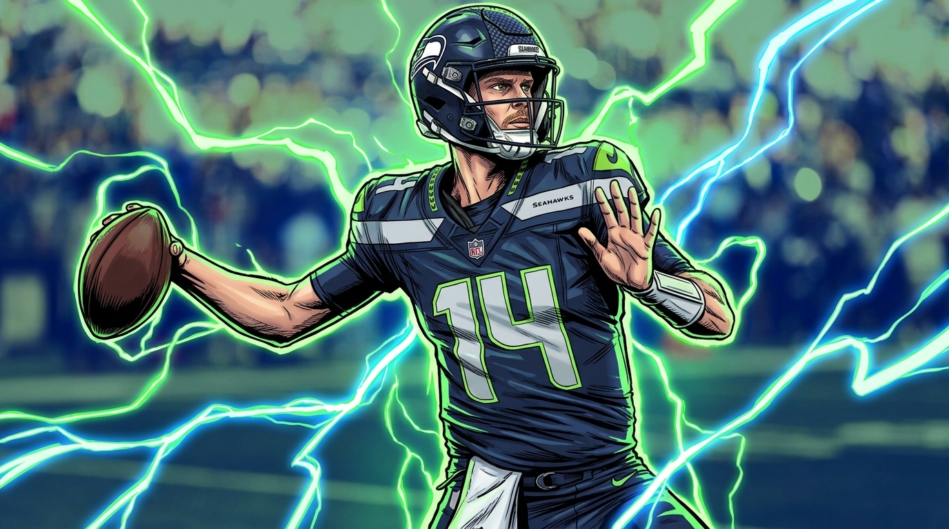 Comic-style illustration of Seahawks quarterback Sam Darnold in a navy #14 jersey, blue and green electric-energy lightning effect, throwing motion, blurred stadium crowd background