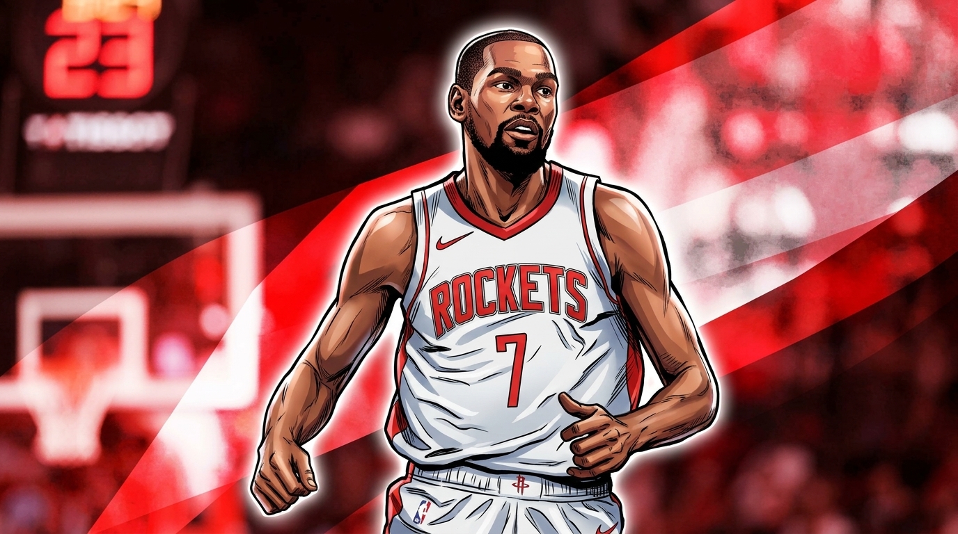 Comic-style illustration of Kevin Durant in a Houston Rockets jersey with red and white light-streak effects