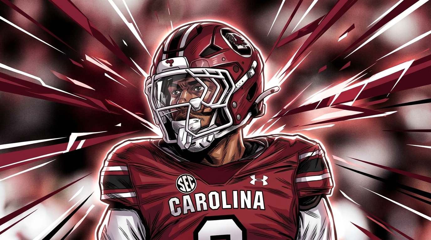 Dylan Stewart, in comic-style illustration, wears his South Carolina Gamecocks helmet and garnet jersey with the stadium crowd blurred behind him