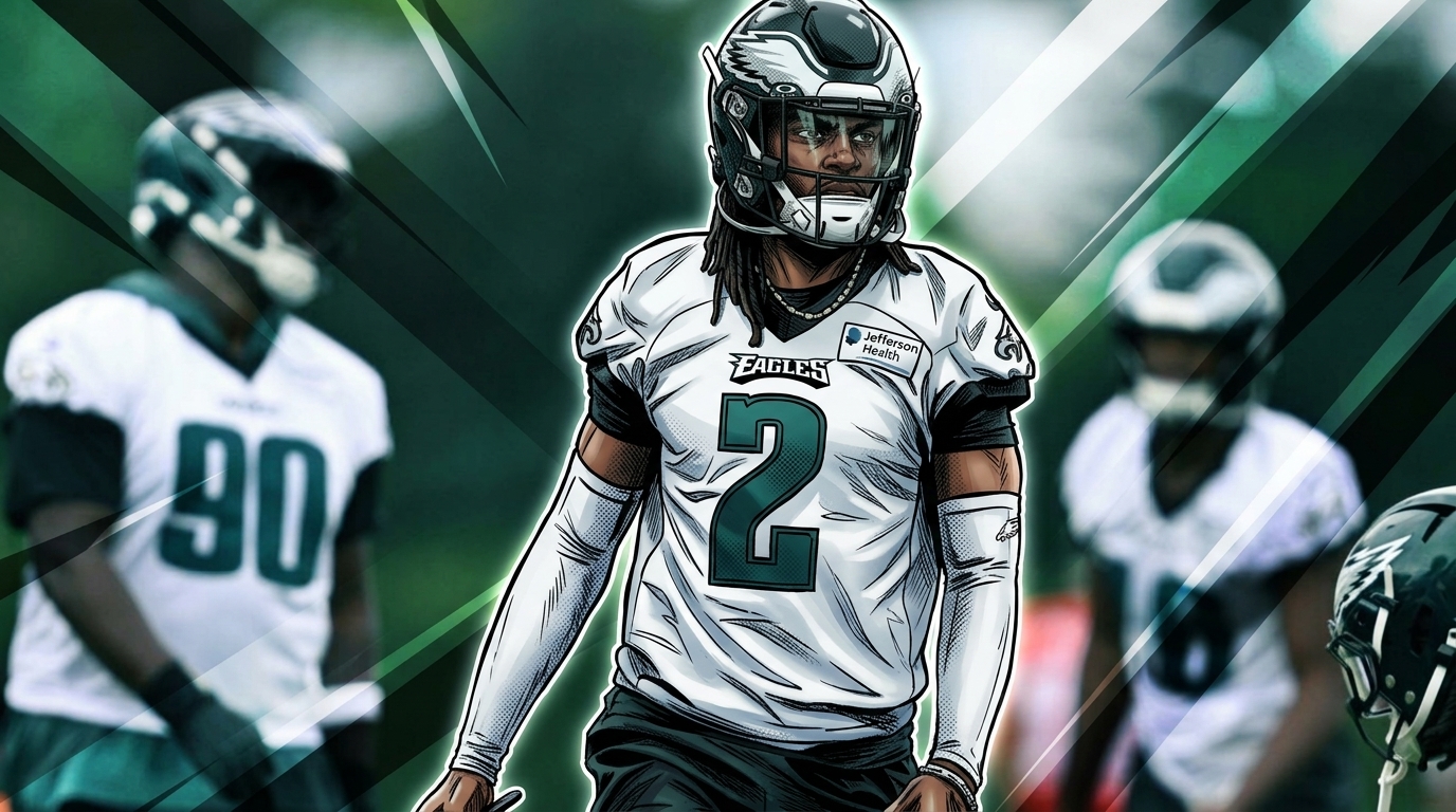 Riq Woolen, Philadelphia Eagles cornerback, in comic-style illustration with geometric light streaks