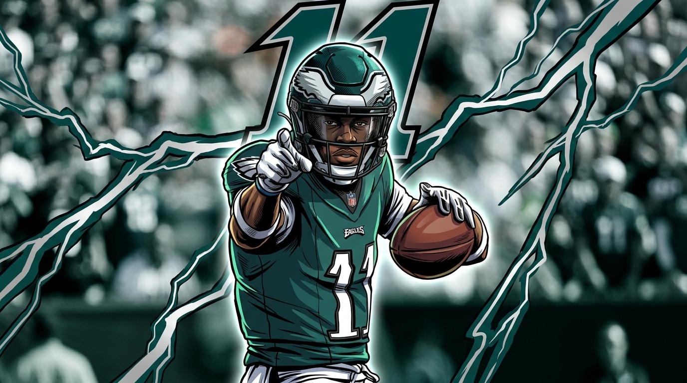Comic-style illustration of Philadelphia Eagles wide receiver A.J. Brown, storm-lightning effect in the background