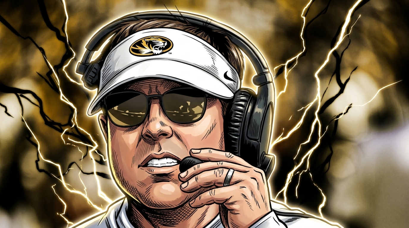 Comic-style illustration of Missouri head coach Eli Drinkwitz in extreme close-up on the sideline, wearing a white visor with the Missouri Tiger logo and a black headset, speaking into the mic, electric-energy lightning effect in gold and black behind him